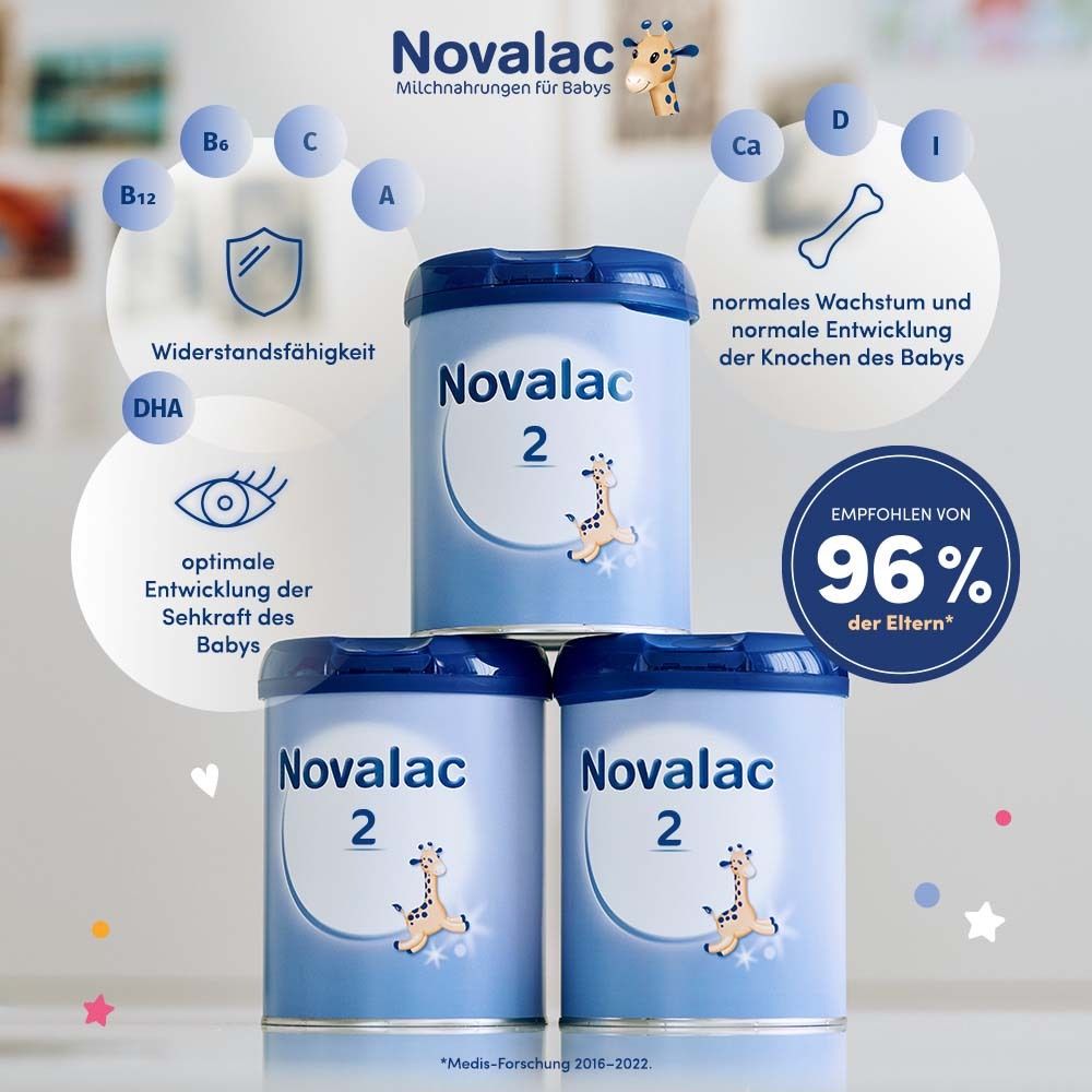 Drei Dosen Novalac 2 Folgemilch. Blaue Dosen mit weißem Deckel. Aufschrift: Novalac 2, Giraffen-Illustration. Grafiken mit Vitaminen.