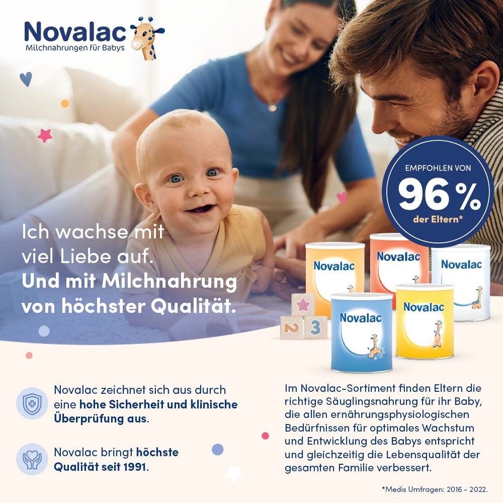Familie mit Baby. Auf dem Tisch: Bauklötze mit Zahlen. Dosen Novalac. Text: Ich wachse mit viel Liebe auf. Empfohlen von 96% der Eltern.