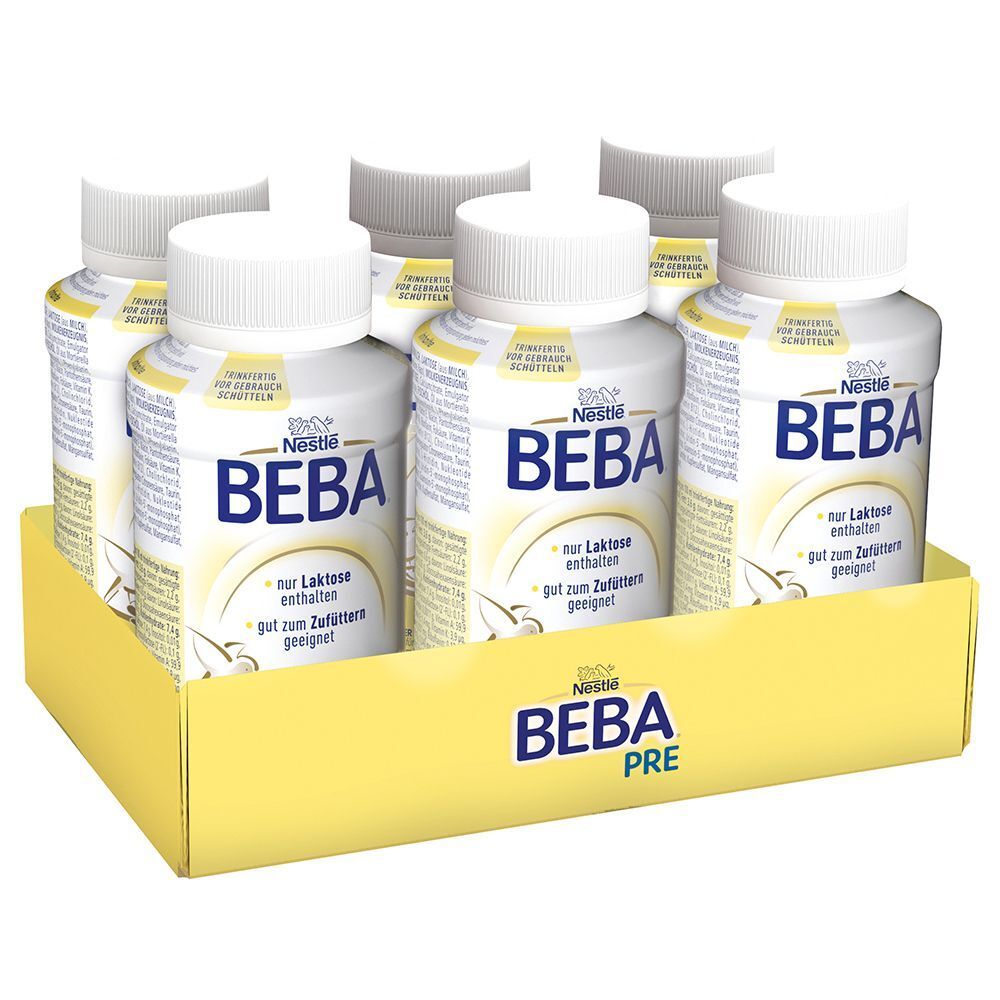 Nestlé BEBA PRE, trinkfertige Anfangsmilch in Flaschen. Gelbe Verpackung, Flaschen mit weißem Deckel. Aufschrift: nur Laktose enthalten.