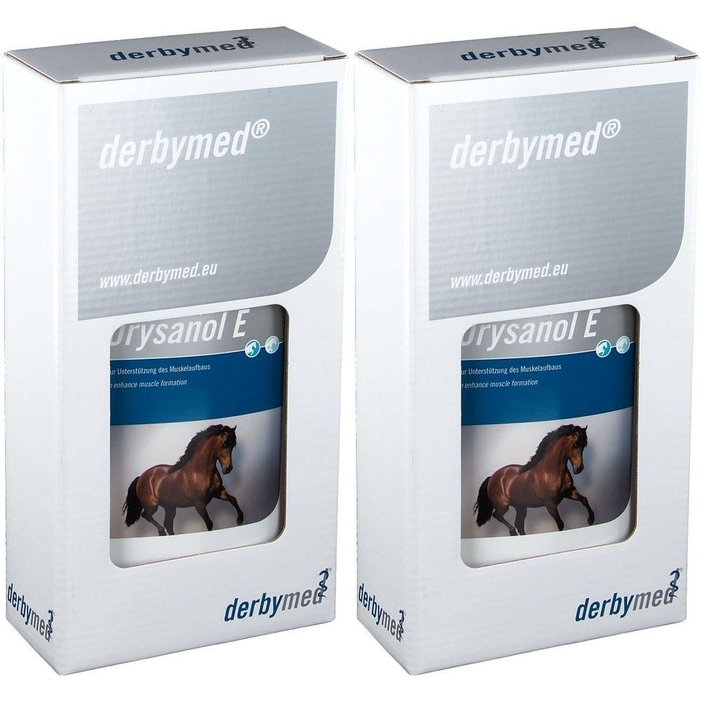 Zwei Packungen derbymed® Orysanol E. Weiße Kartons mit Produktnamen und Logo. Aufdruck mit Pferd.