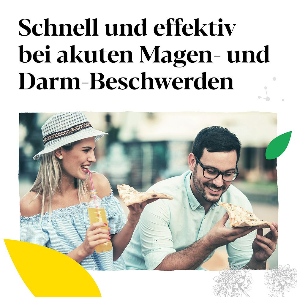 Personen essen Pizza. Text: Schnell und effektiv bei akuten Magen- und Darm-Beschwerden.