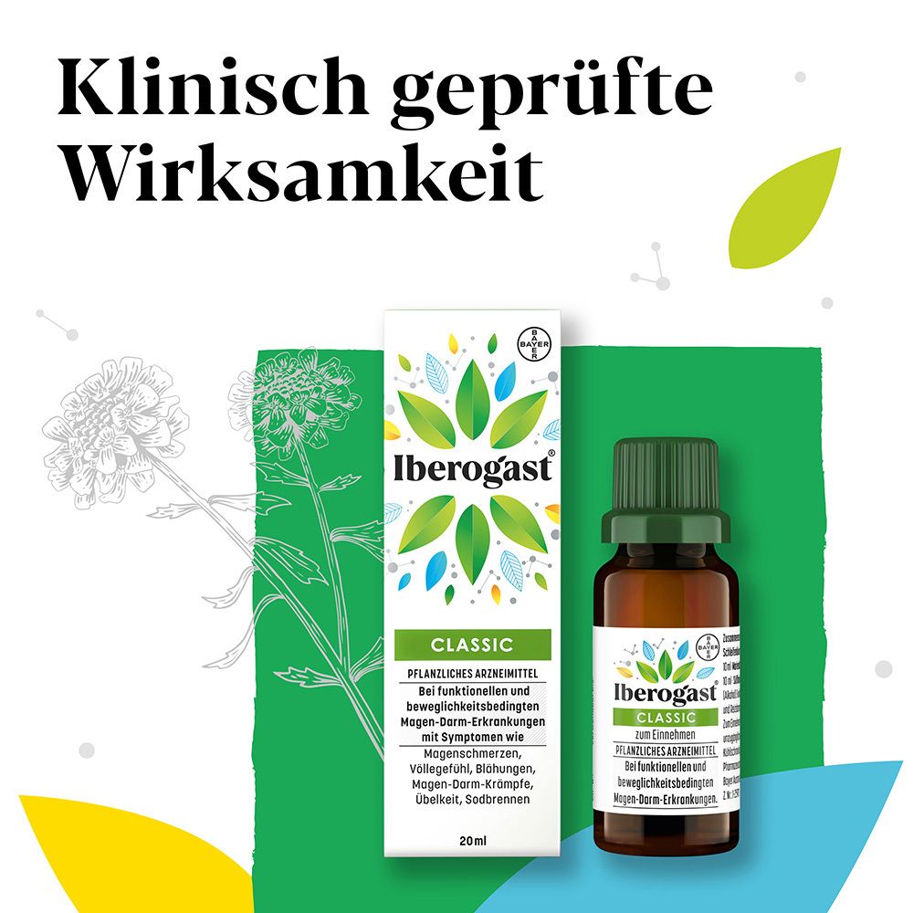 Iberogast® Classic Flasche und Verpackung. Text: Klinisch geprüfte Wirksamkeit.