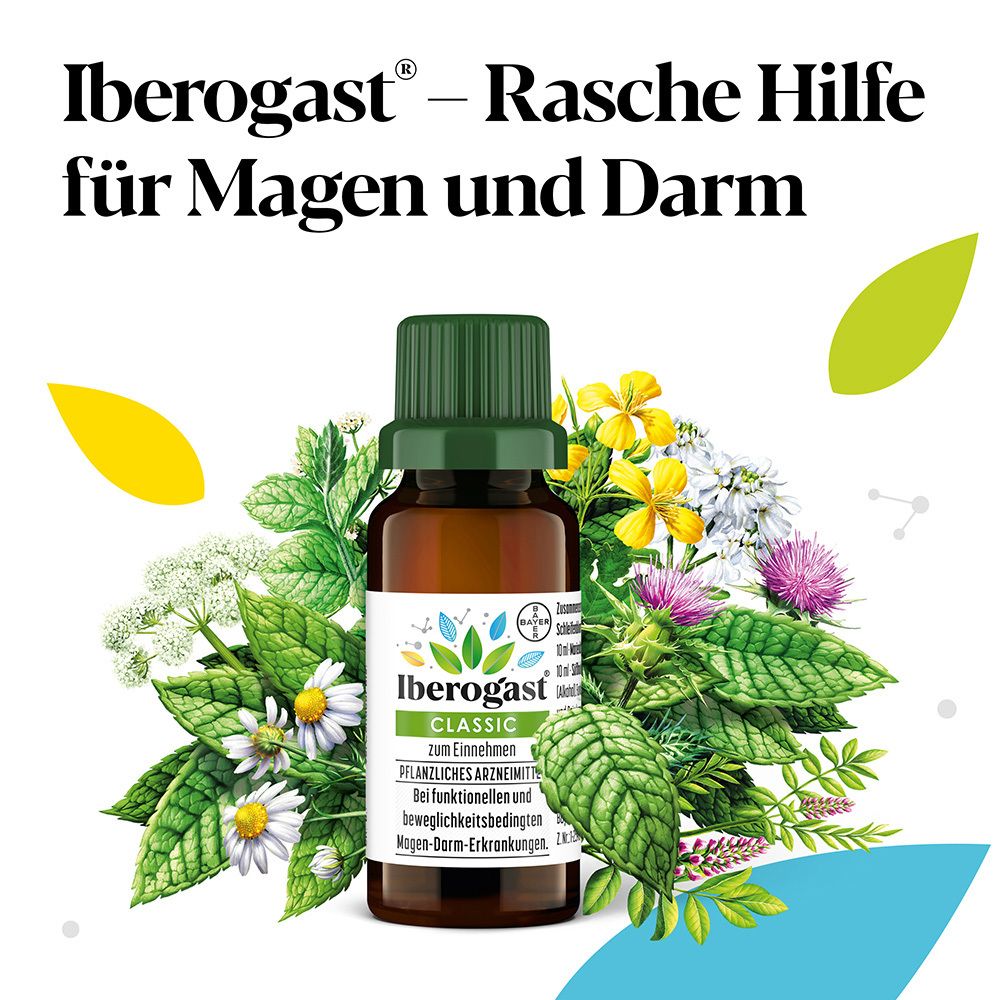 Iberogast® Flasche umgeben von Kräutern. Text: Iberogast® – Rasche Hilfe für Magen und Darm.