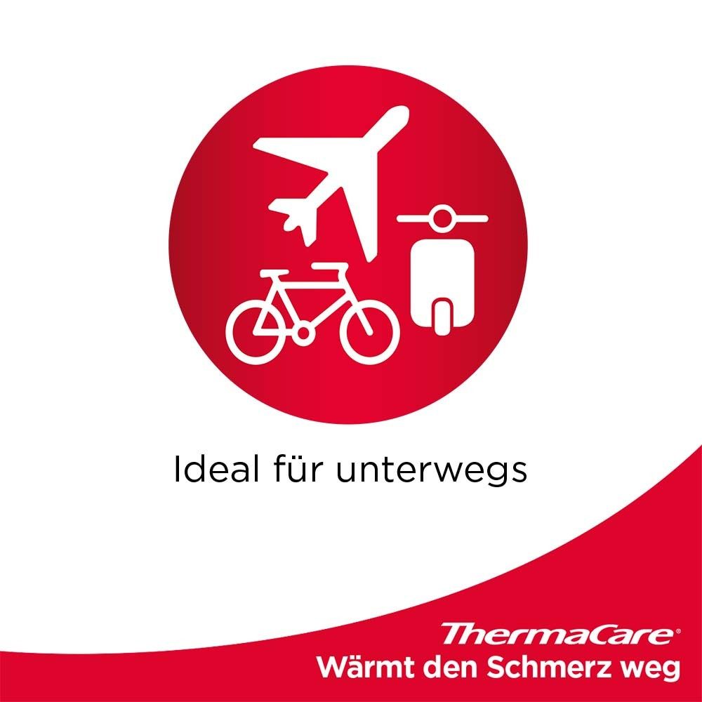 Roter Kreis mit Flugzeug, Fahrrad und Roller und Text: Ideal für unterwegs. Unterhalb: WÄRMT DEN SCHMERZ WEG.