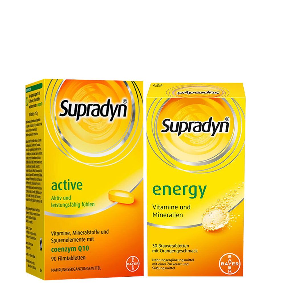 Zwei Schachteln Supradyn. Eine mit "active", die andere mit "energy". Beide gelb mit Produktnamen und Inhaltsangaben.