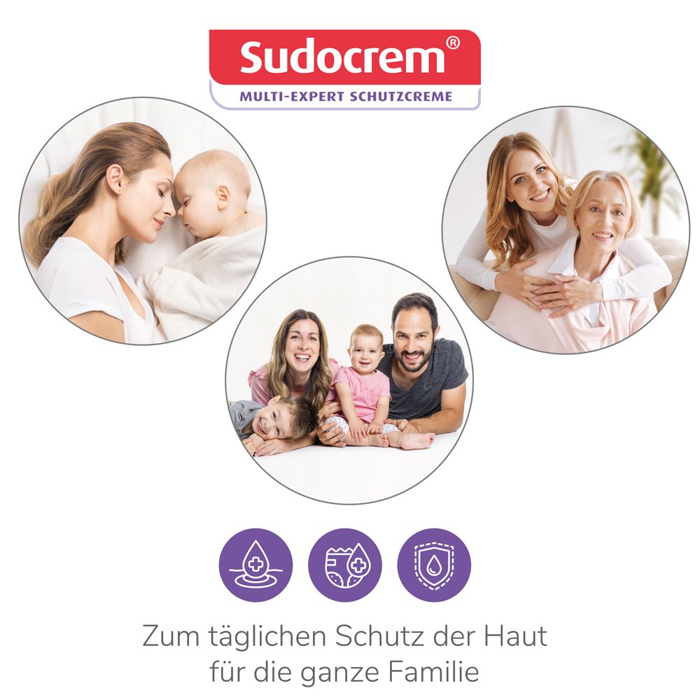 Familienfoto mit drei Kreisen. Text: Zum täglichen Schutz der Haut für die ganze Familie. Darunter Icons: Tropfen, Windel, Schild.