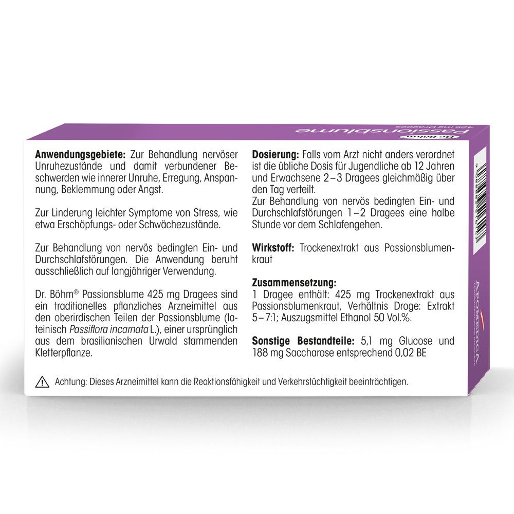 Rückseite der Packung. Text: Anwendungsgebiete, Dosierung, Zusammensetzung, Wirkstoff: Trockenextrakt aus Passionsblumenkraut. Achtung: Arzneimittel.