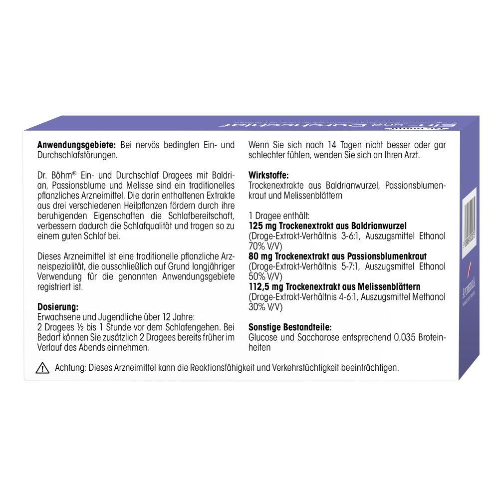 Rückseite der Packung Dr. Böhm® Ein- und Durchschlaf mit Anwendungsinformationen.