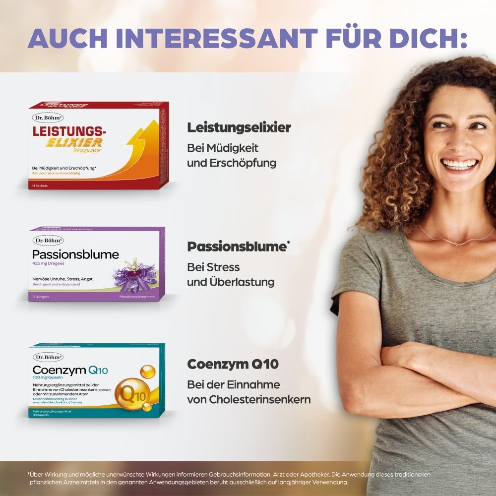 Dr. Böhm® Produkte: Leistungs-Elixier, Passionsblume, Coenzym Q10 und Ein- und Durchschlaf.