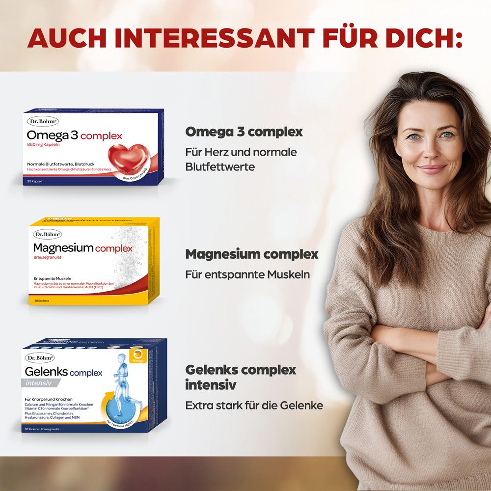 Frau neben Produktverpackungen. Produkte: Omega 3 complex, Magnesium complex, Gelenks complex intensiv. Text: AUCH INTERESSANT FÜR DICH.