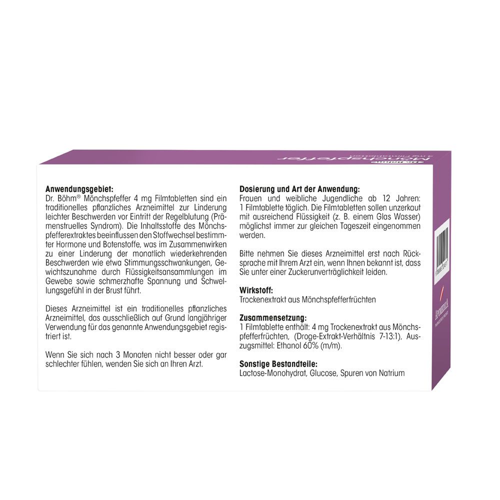 Text über Dr. Böhm Mönchspfeffer 4 mg Filmtabletten. Anwendung, Dosierung, Zusammensetzung, sonstige Bestandteile.