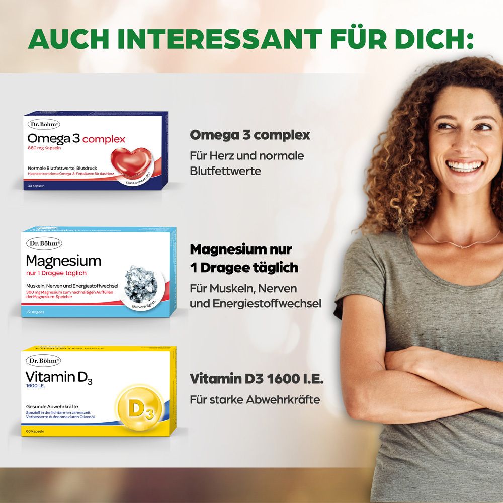 Drei Packungen Dr. Böhm: Omega 3 complex, Magnesium, Vitamin D3. Frau im Vordergrund.