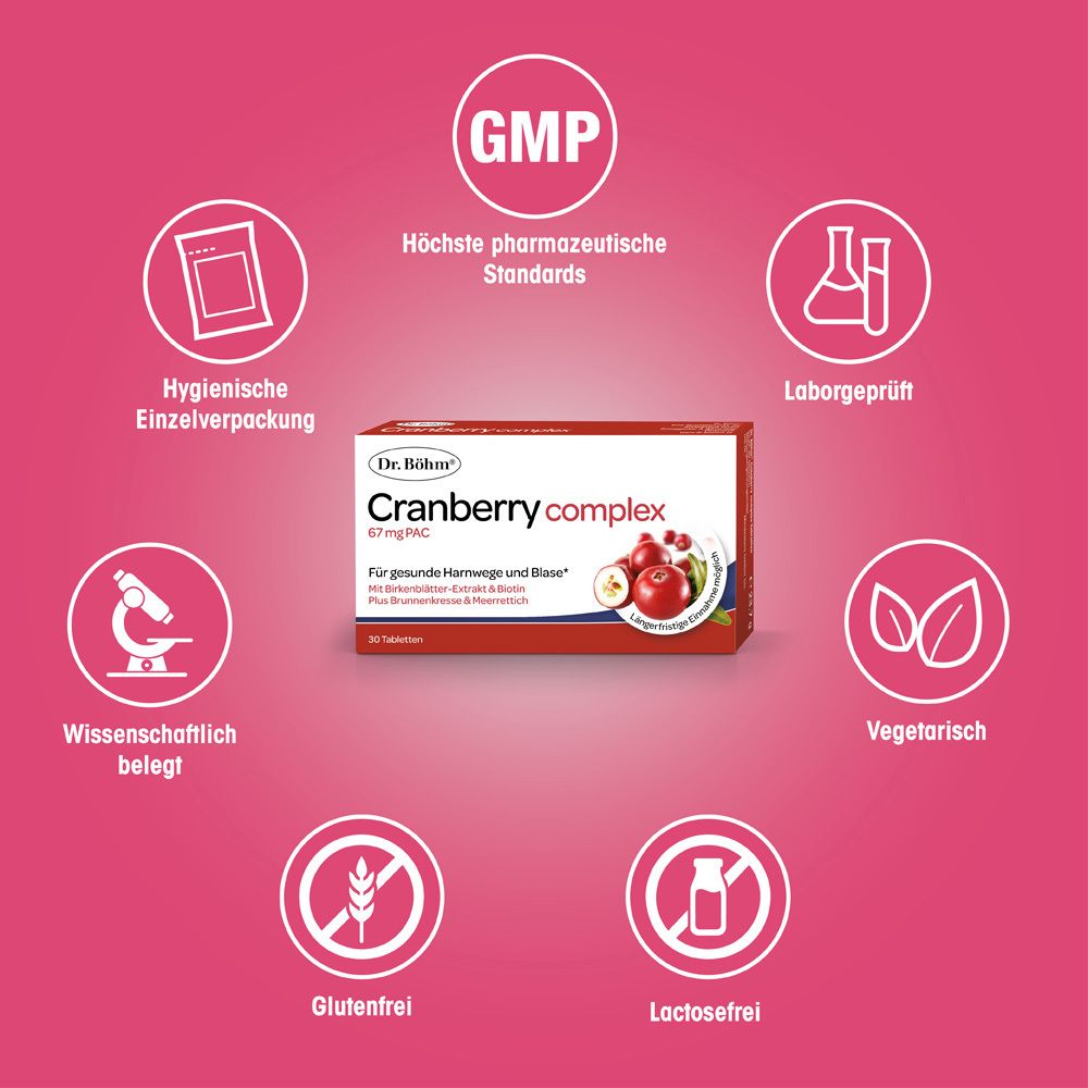 Dr. Böhm® Cranberry complex Packung, umgeben von Symbolen. GMP-Zertifizierung, Laborgeprüft, vegetarisch, glutenfrei, laktosefrei, hygienische Einzelverpackung.