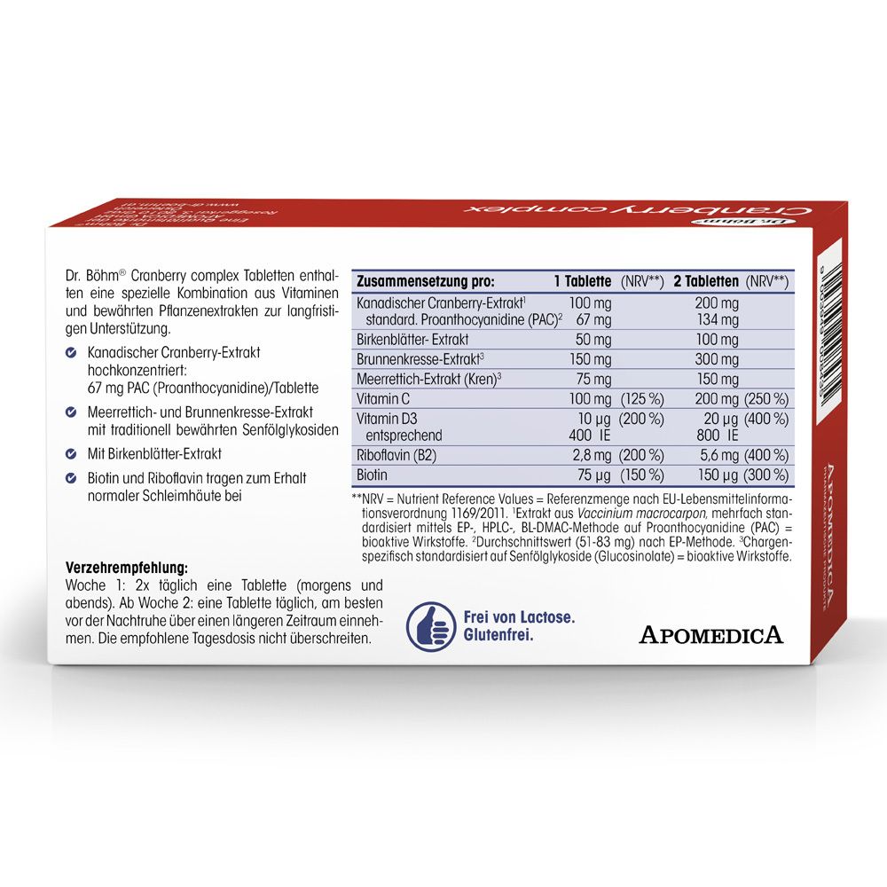 Rückseite der Dr. Böhm® Cranberry complex Packung. Inhaltsstoffe: Cranberry-Extrakt, Birkenblätter-Extrakt, Brunnenkresse-Extrakt, Vitamin C, D3, B2, Biotin.