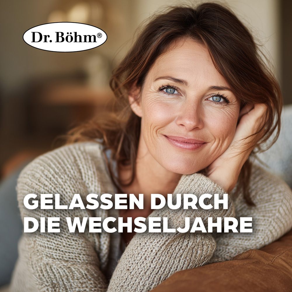 Lächelnde Frau mittleren Alters mit Dr. Böhm Logo und Text 'Gelassen durch die Wechseljahre'.