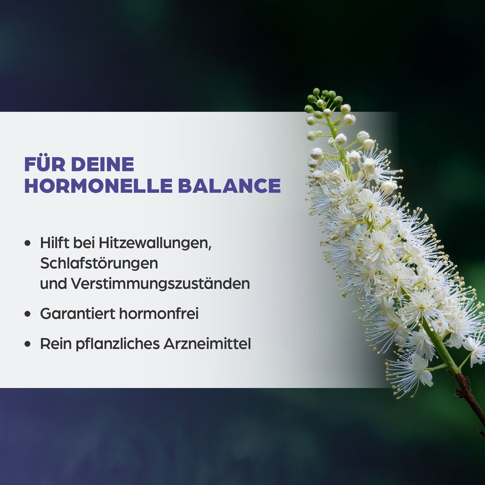 Text auf weißem Hintergrund: Für deine hormonelle Balance. Hilft bei Hitzewallungen, Schlafstörungen und Verstimmungszuständen. Hormonfrei.