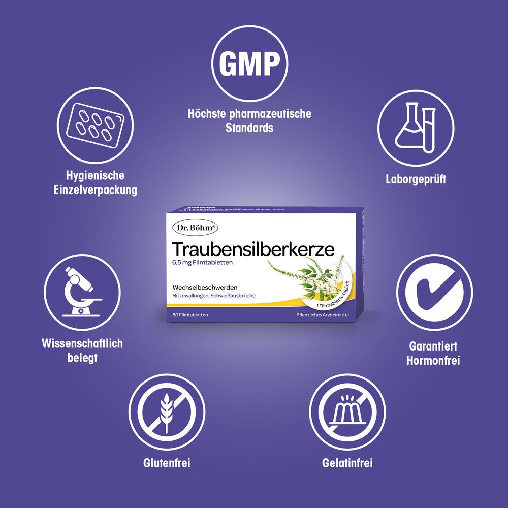 Produktverpackung von Dr. Böhm® Traubensilberkerze 6,5 mg Filmtabletten, umgeben von Symbolen: GMP, Laborgeprüft, Glutenfrei, Gelatinefrei.
