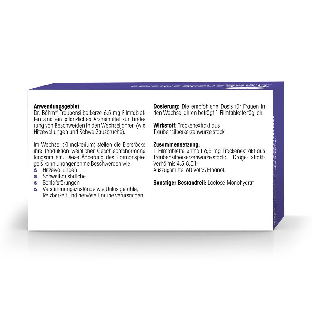Rückseite der Produktverpackung von Dr. Böhm® Traubensilberkerze 6,5 mg Filmtabletten. Enthält Informationen zu Anwendung, Dosierung und Inhaltsstoffen.