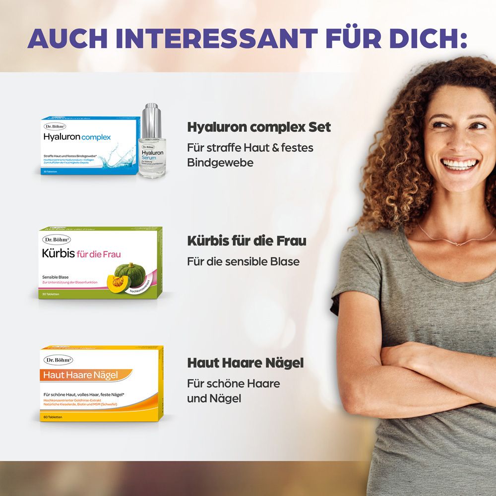 Dr. Böhm Produkte: Hyaluron Complex, Kürbis für die Frau, Haut Haare Nägel. Frau im Hintergrund.