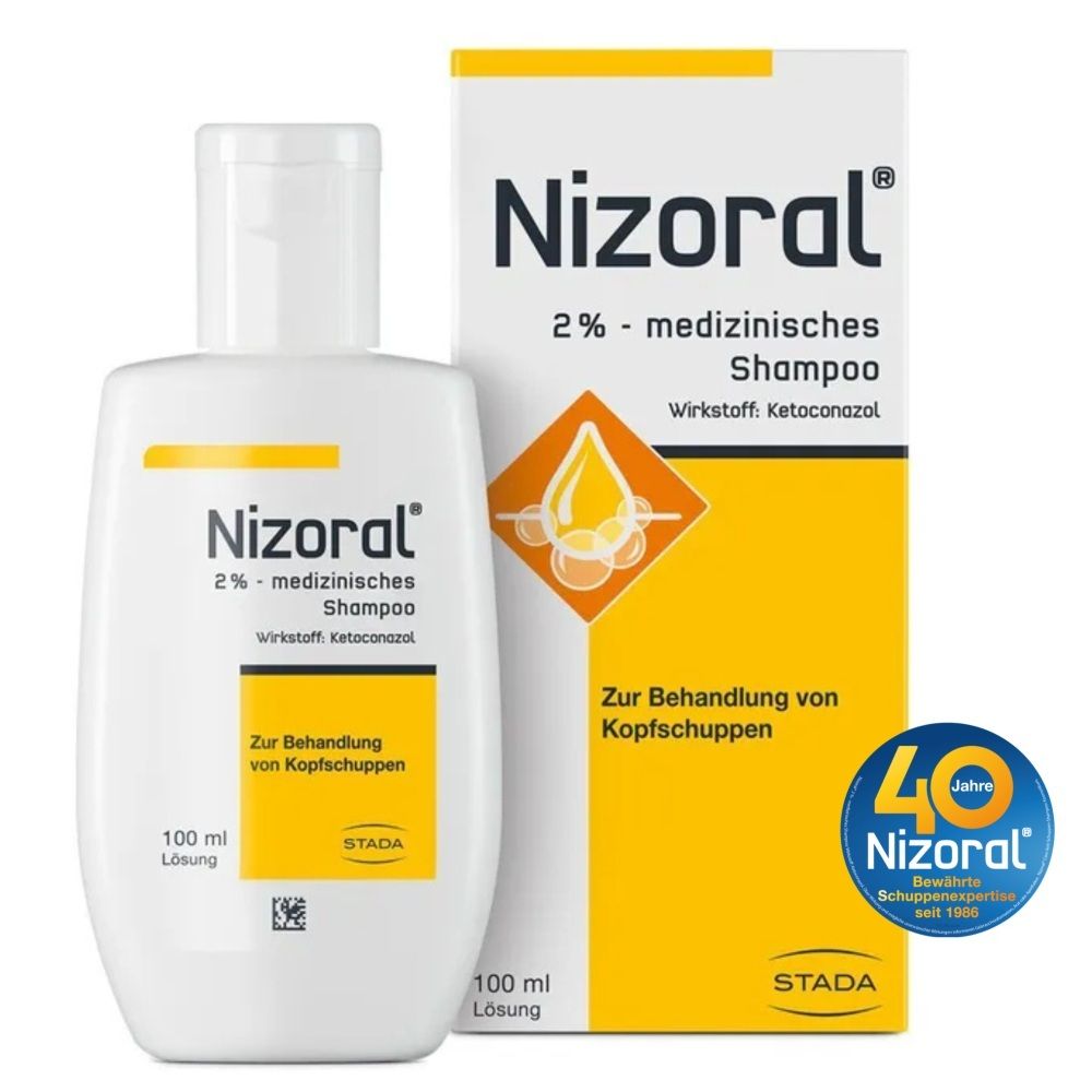 Nizoral 2% medizinisches Shampoo Flasche und Karton, 40 Jahre Schuppenexpertise.