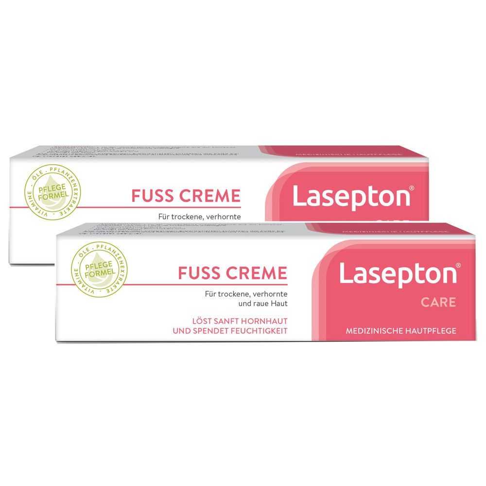 Zwei Tuben Lasepton® FUSS CREME. Weiße Verpackung mit roter Schrift. Produktname und Logo deutlich sichtbar.