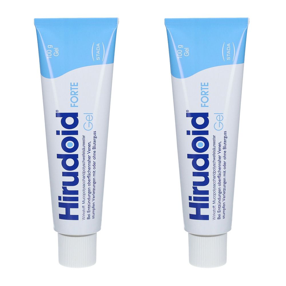 Zwei Tuben Hirudoid® Forte Gel. Weiß-blaue Verpackung, Produktname und Inhaltsangabe. 100 g Gel.
