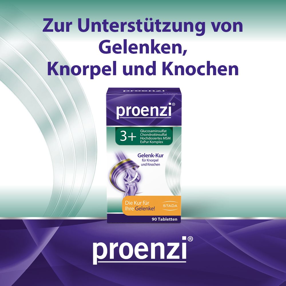 Proenzi 3+ Gelenk-Kur Tabletten-Packung. Text: Zur Unterstützung von Gelenken, Knorpel und Knochen. 90 Tabletten.
