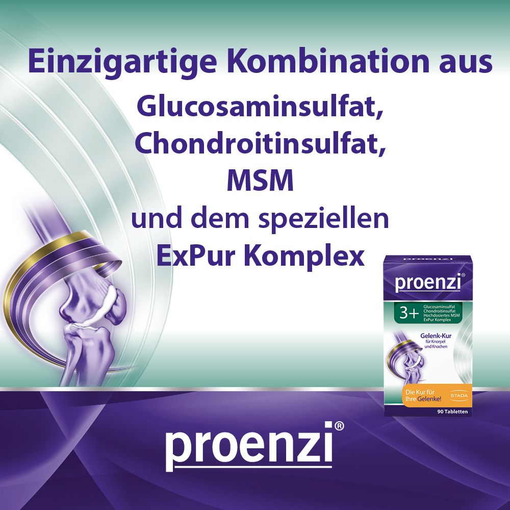 Proenzi 3+ Gelenk-Kur Tabletten-Packung. Text: Einzigartige Kombination aus Glucosaminsulfat, Chondroitinsulfat, MSM und ExPur Komplex.