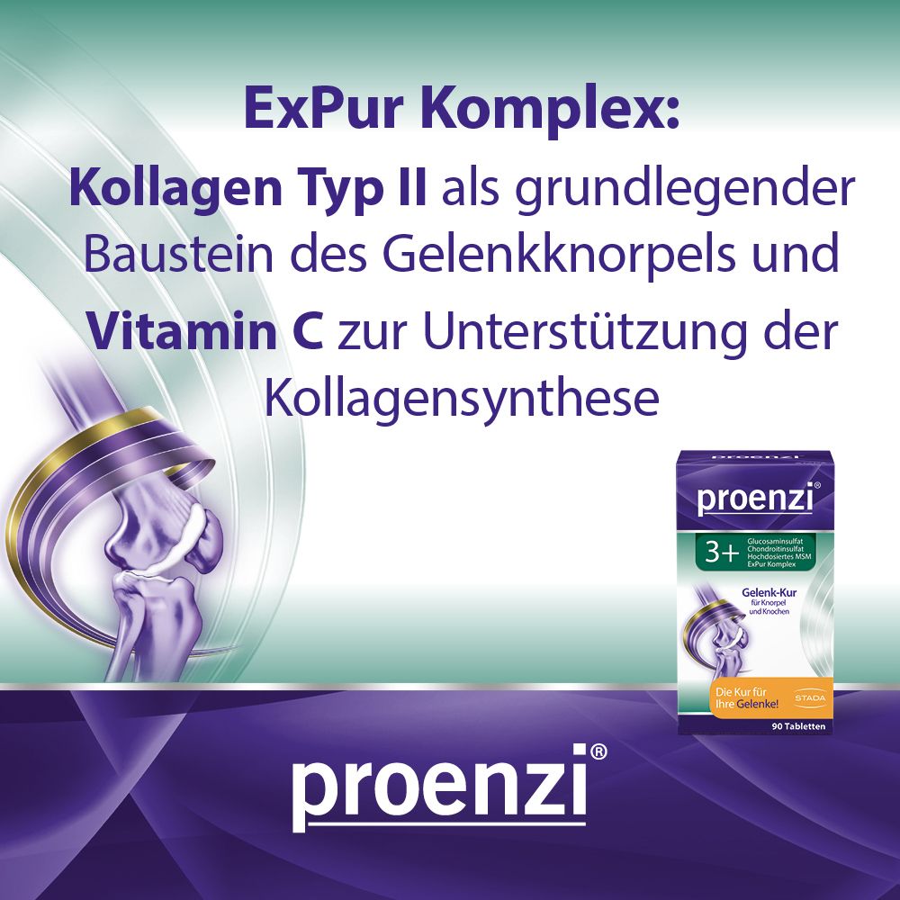 Proenzi 3+ Gelenk-Kur Tabletten-Packung. Text: ExPur Komplex: Kollagen Typ II und Vitamin C. 90 Tabletten.