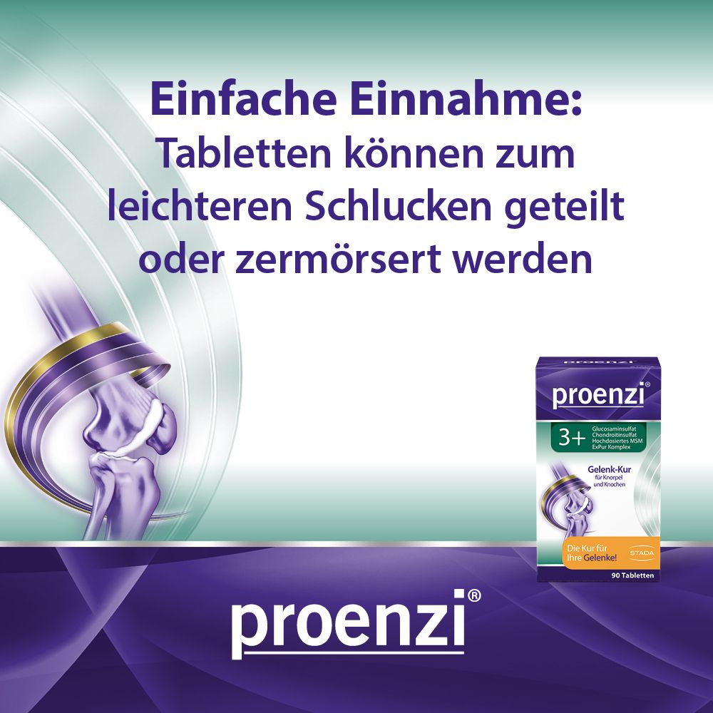 Proenzi 3+ Gelenk-Kur Tabletten-Packung. Text: Einfache Einnahme: Tabletten können geteilt oder zermörsert werden. 90 Tabletten.