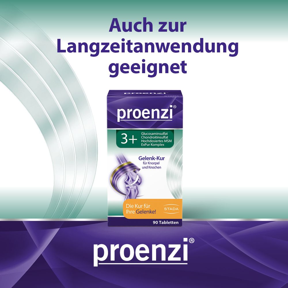 Proenzi 3+ Gelenk-Kur Tabletten-Packung. Text: Auch zur Langzeitanwendung geeignet. 90 Tabletten.