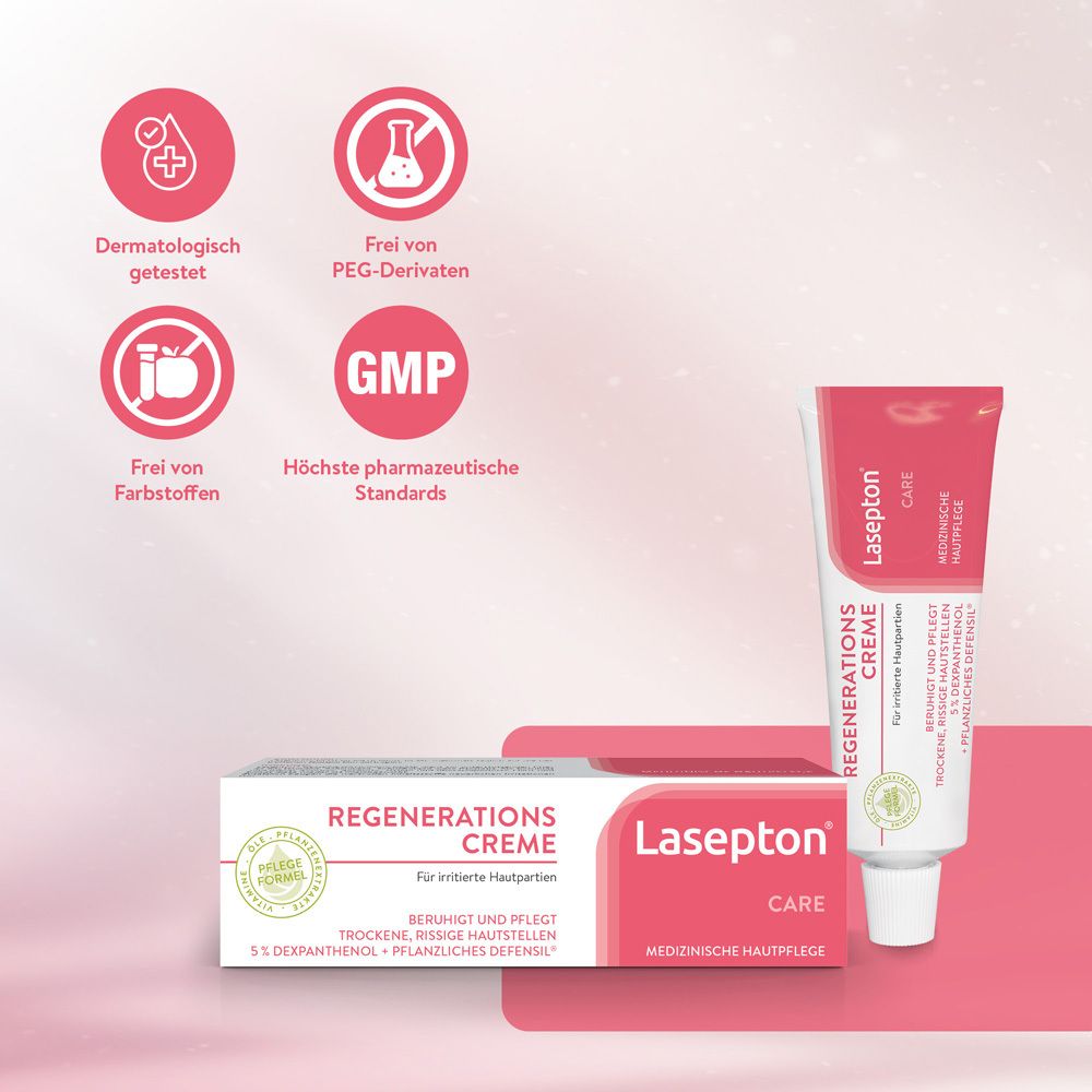 Lasepton® Creme: Dermatologisch getestet, frei von Farbstoffen und PEG-Derivaten.