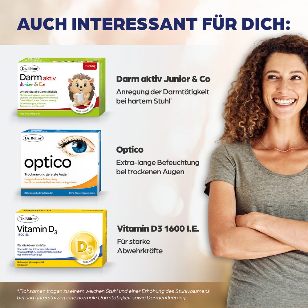 Frau lächelt. Daneben drei Produkte: Darm aktiv, Optico, Vitamin D3.