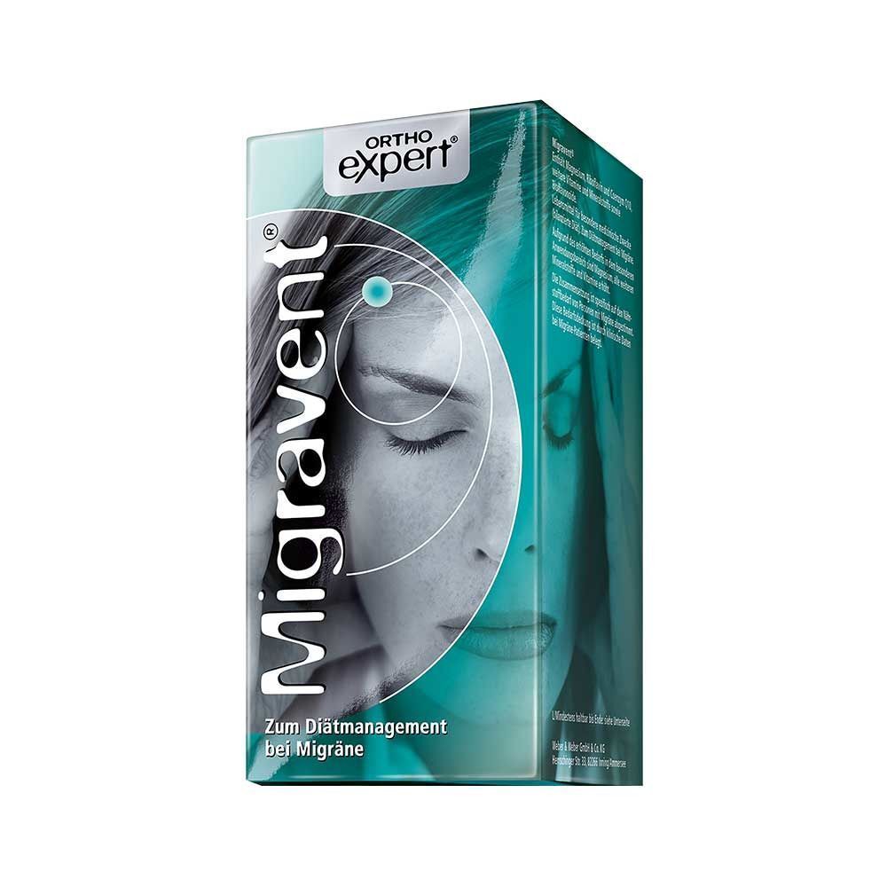 Verpackung von Migravent® Kapseln. Aufdruck: Ortho Expert, Migravent, Zum Diätmanagement bei Migräne. Abbildung eines Gesichts.