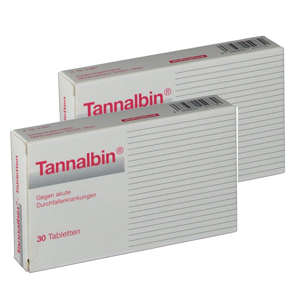 Zwei Schachteln mit dem Produktnamen Tannalbin®. Aufschrift: Gegen akute Durchfallerkrankungen. 30 Tabletten.