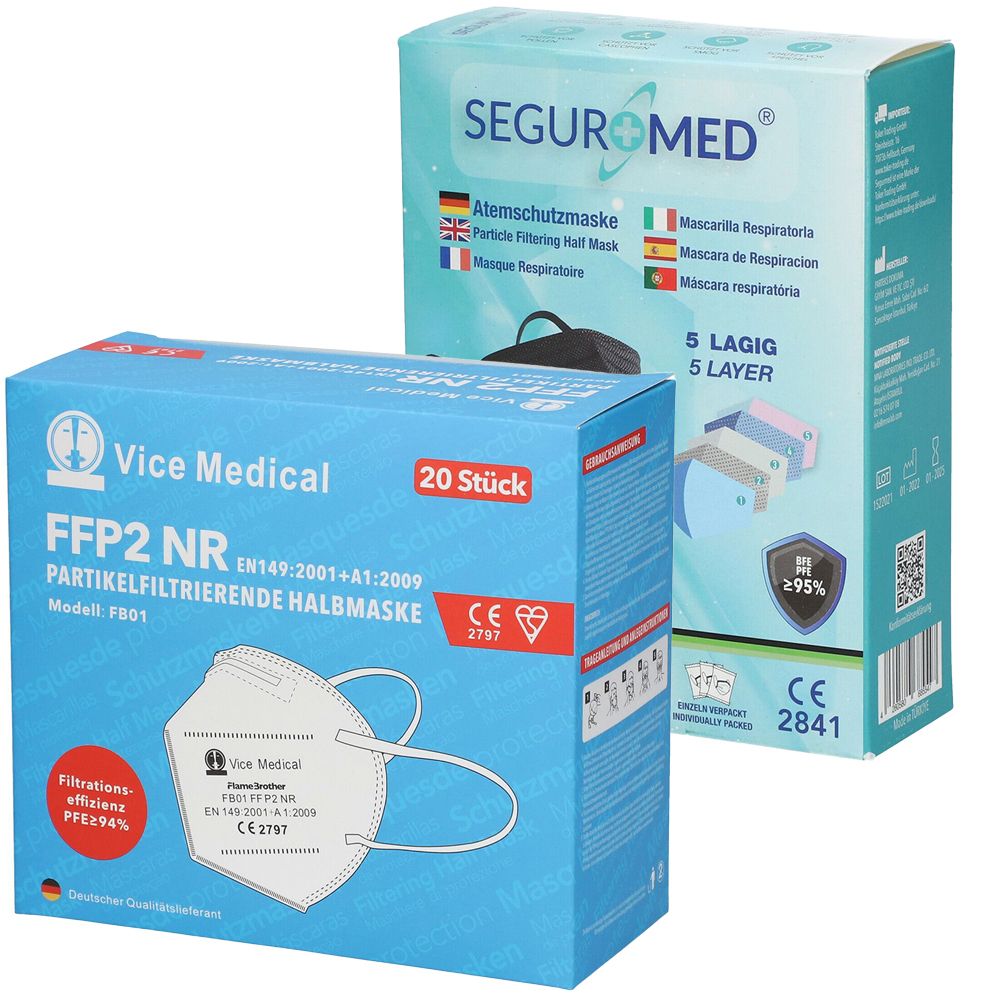 SEGURMED® FFP2 Atemschutzmaske schwarz 5-lagig 10 Stück	+ FFP2 Schutzmaske 20er