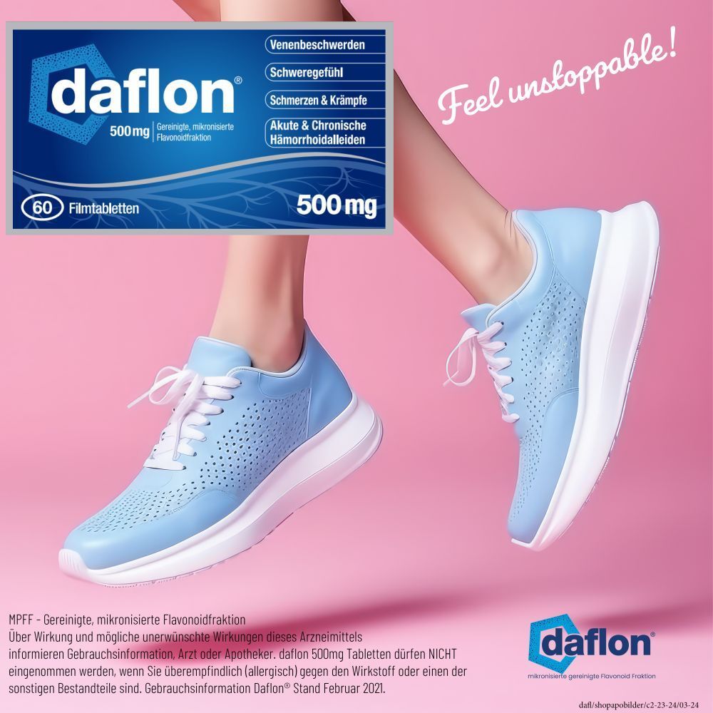 Frau in blauen Sneakern mit Daflon 500 mg Schachtel. Text: Feel unstoppable!