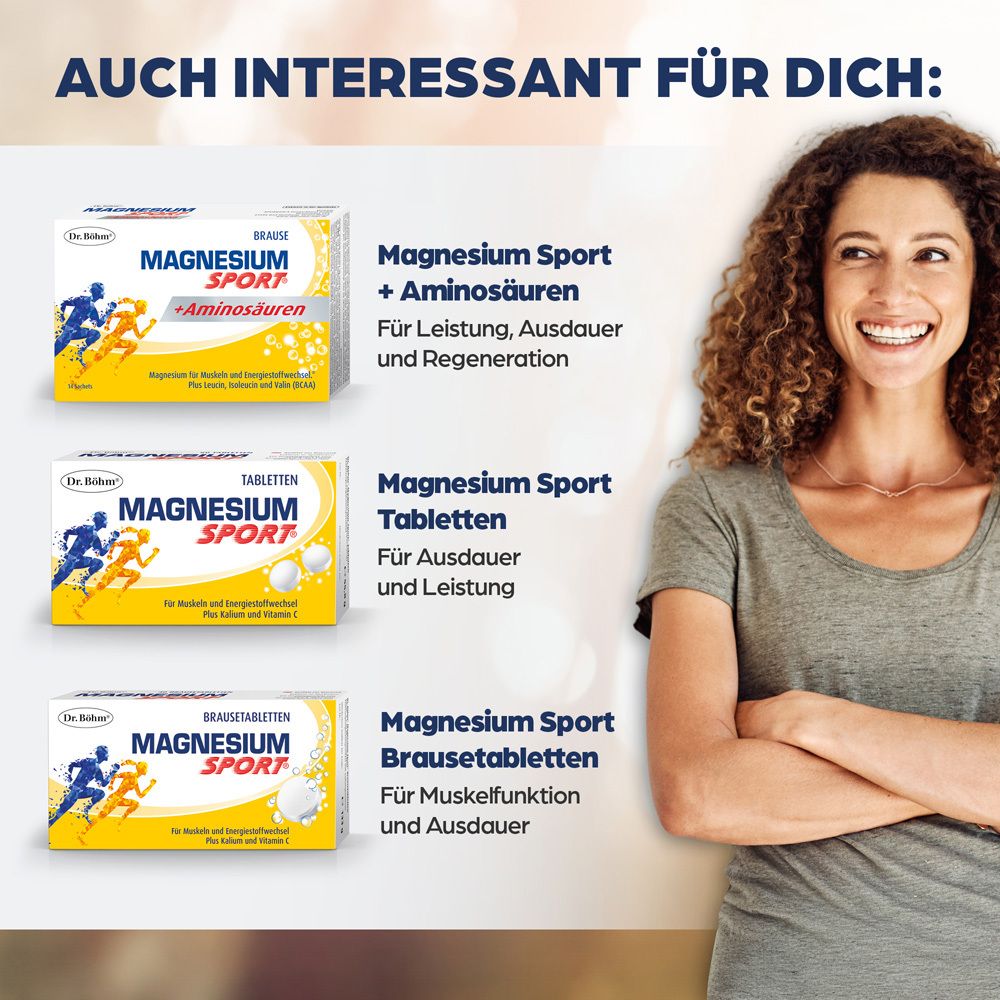Frau lächelt. Produkte: Magnesium Sport + Aminosäuren, Tabletten, Brausetabletten. Text: Auch interessant für dich.