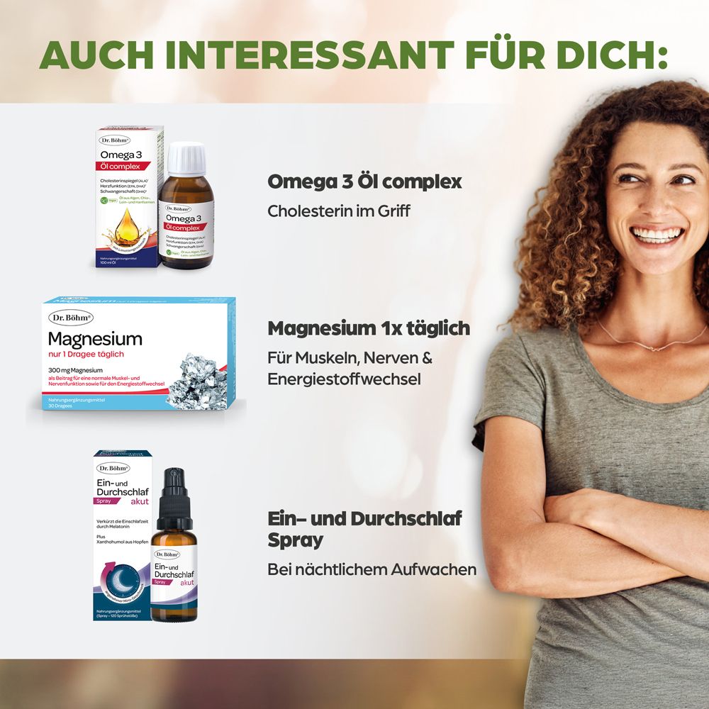 Frau neben Produkten: Omega 3 Öl, Magnesium, Ein- und Durchschlaf Spray. Text: Cholesterin, Muskeln, Schlaf.