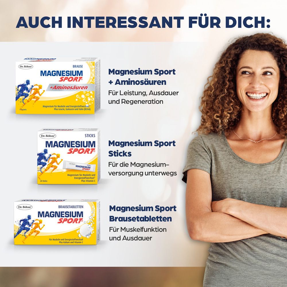 Drei Packungen Dr. Böhm Magnesium Sport Produkte. Text: Magnesium Sport + Aminosäuren, Magnesium Sport Sticks, Magnesium Sport Brausetabletten.