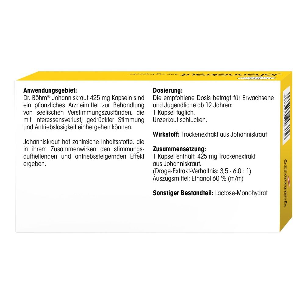 Rückseite einer Dr. Böhm Johanniskraut 425 mg Kapselpackung mit Anwendungsinformationen.