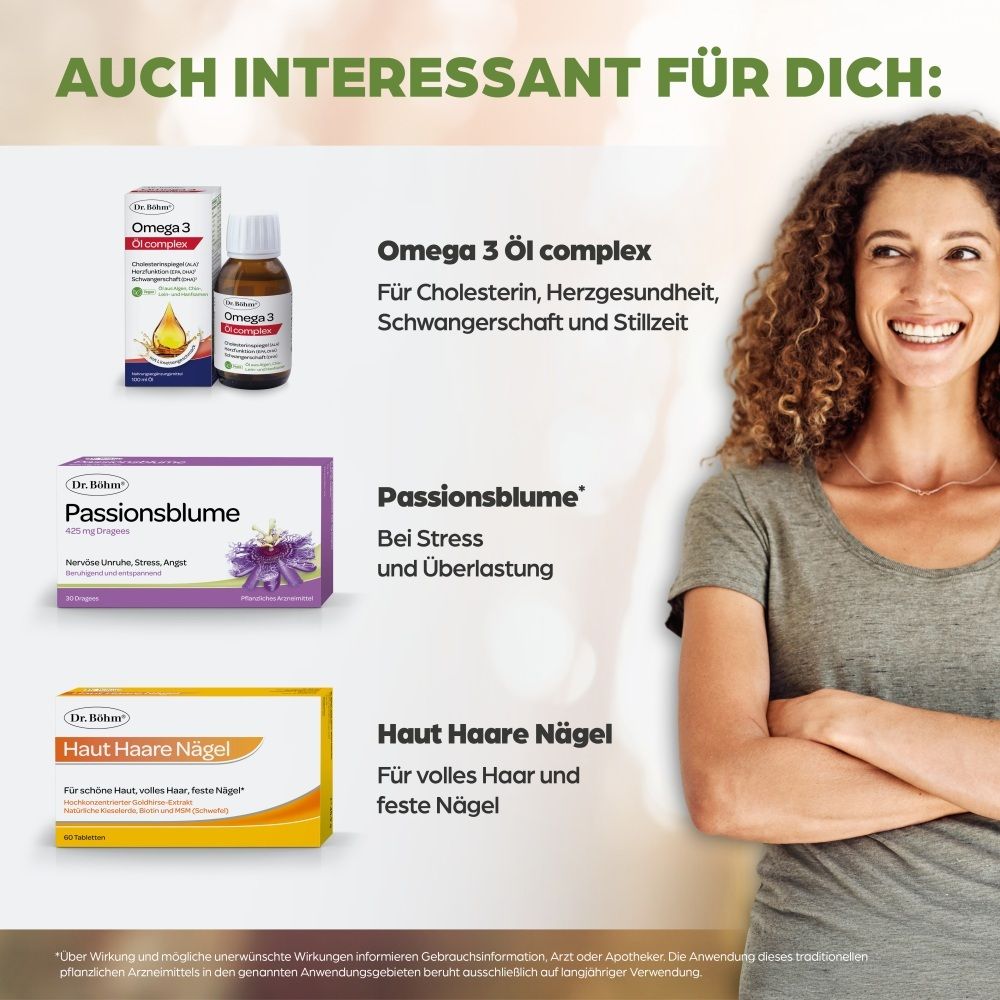 Produkte von Dr. Böhm: Omega 3, Passionsblume, Haut Haare Nägel. Frau lächelt im Hintergrund.