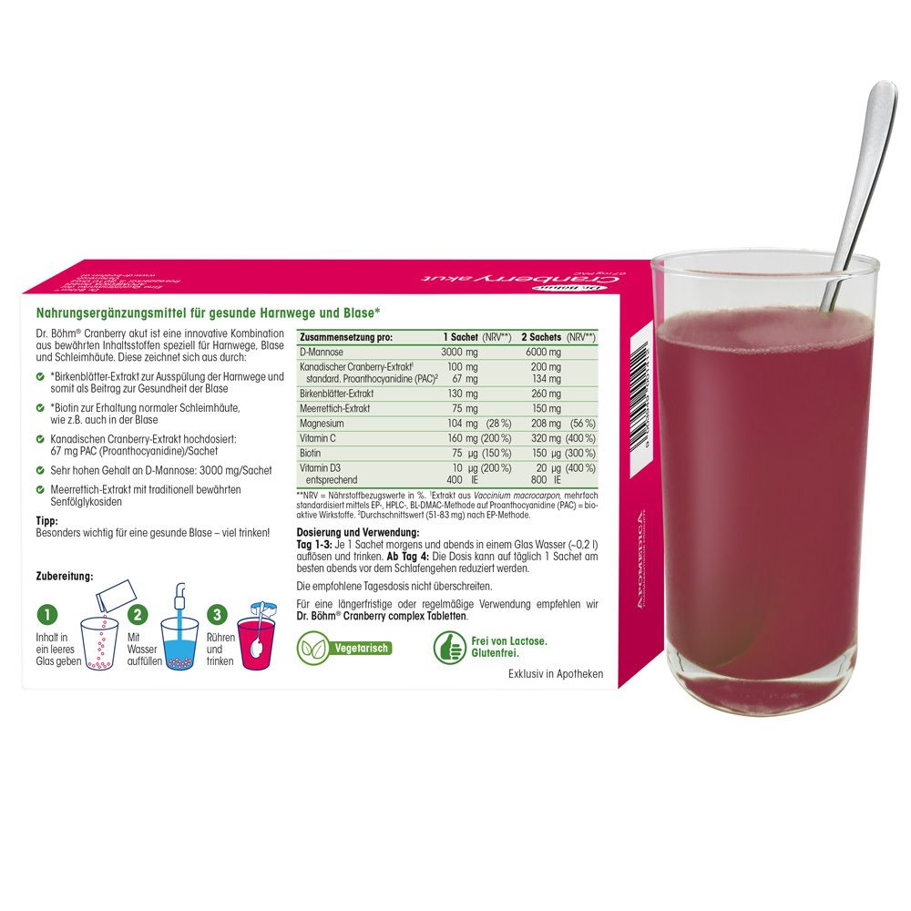 Ein Glas mit roter Flüssigkeit und eine Packung Dr. Böhm Cranberry akut. Nährwertangaben und Zubereitungshinweise.