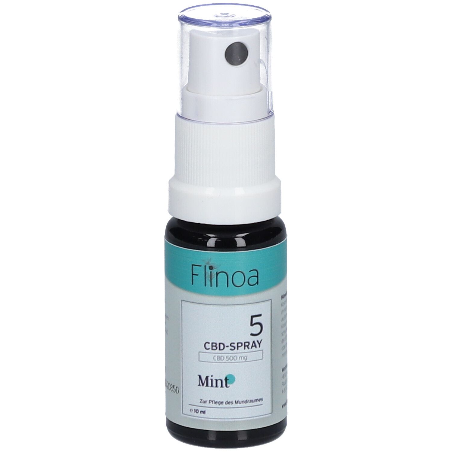 Flinoa 5 % CBD-Spray Mint. Weiße Sprühflasche mit grünem Etikett. Enthält 500 mg CBD. Mundpflege.