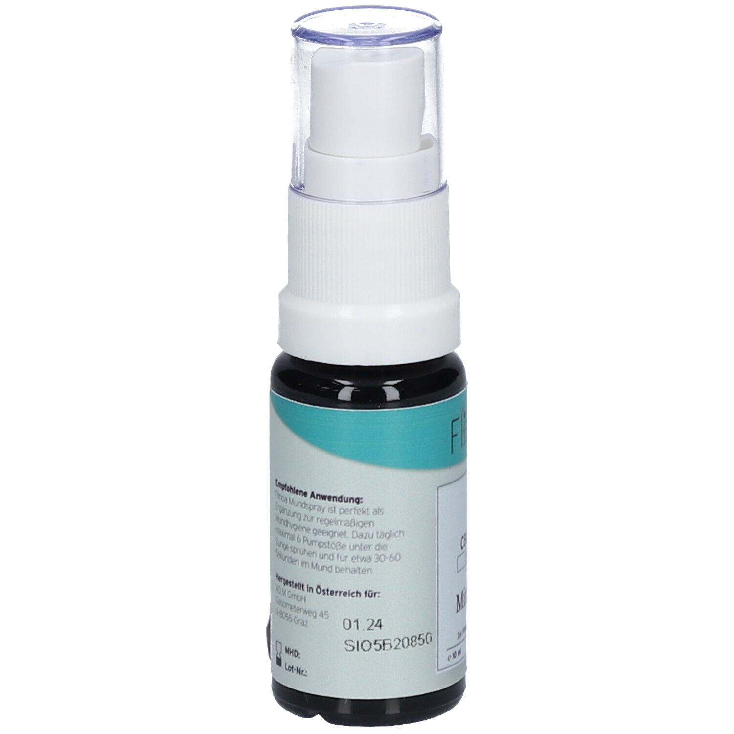 Flinoa 5 % CBD-Spray Mint. Rückseite der Flasche mit Text. Enthält Informationen zur Anwendung und Inhaltsstoffen.