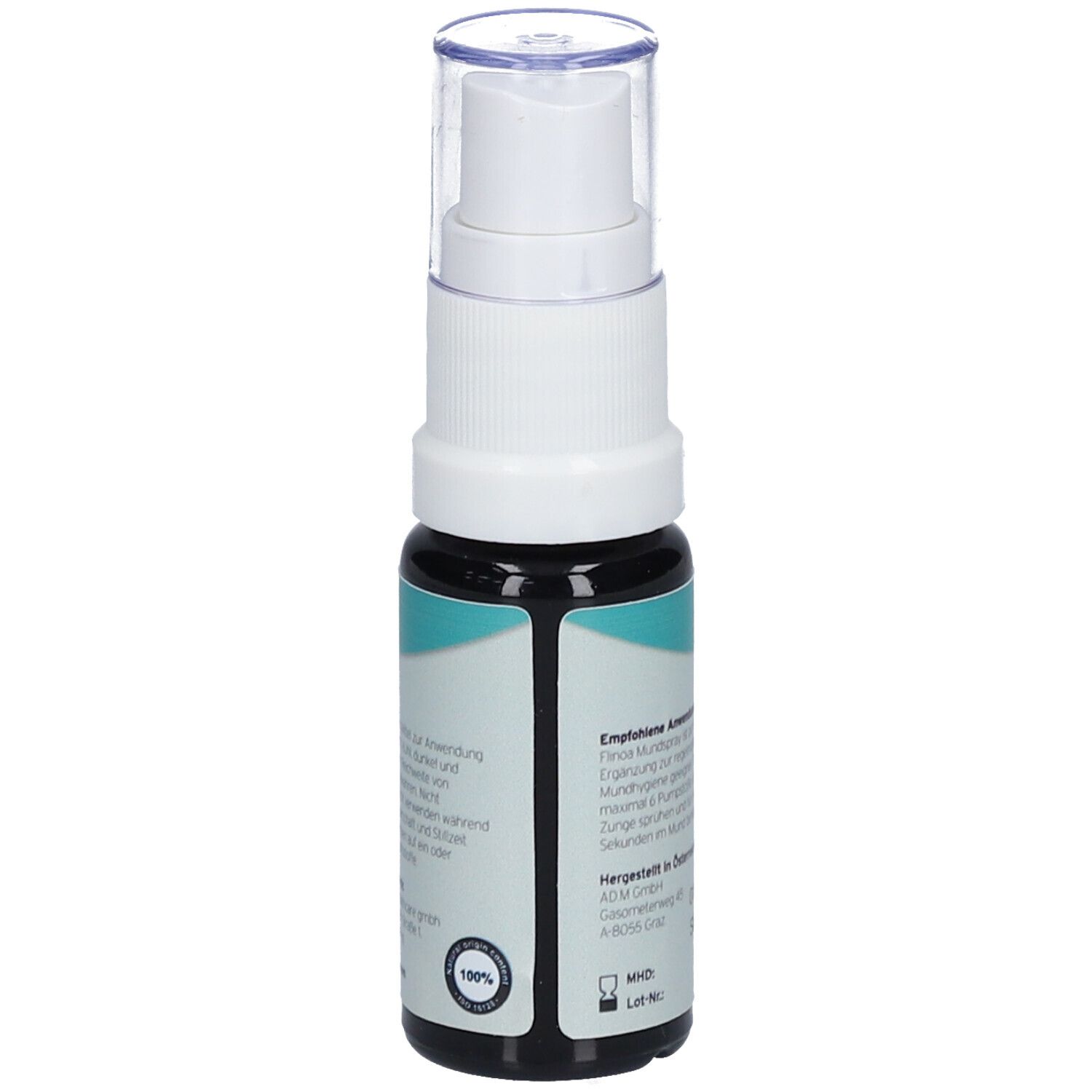Flinoa 5 % CBD-Spray Mint. Rückseite der Flasche mit Text. Enthält Informationen zur Anwendung und Inhaltsstoffen.
