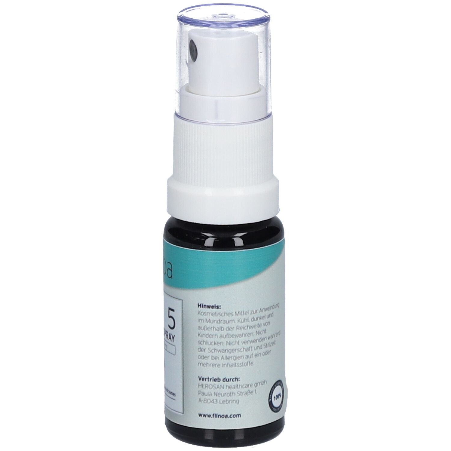 Flinoa 5 % CBD-Spray Mint. Rückseite der Flasche mit Text. Enthält Informationen zur Anwendung und Inhaltsstoffen.