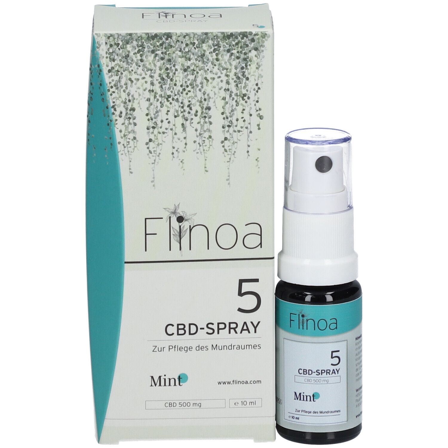 Flinoa 5 % CBD-Spray Mint und Verpackung. Weiße Flasche und Schachtel mit grünem Design. Enthält 500 mg CBD.