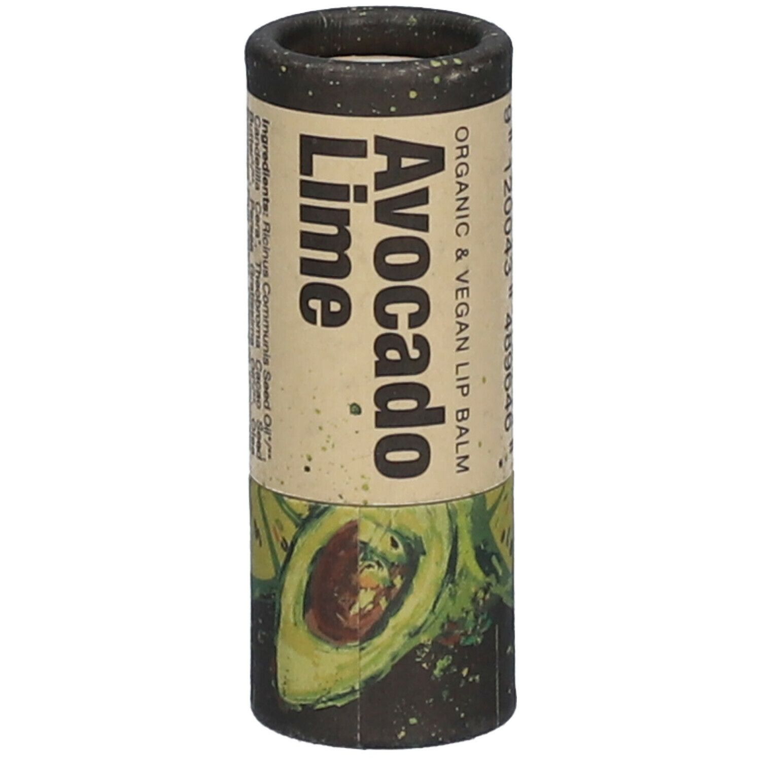Lippenbalsam-Tube mit Avocado- und Limetten-Design. Aufschrift: Avocado Lime. Vegan und Bio.