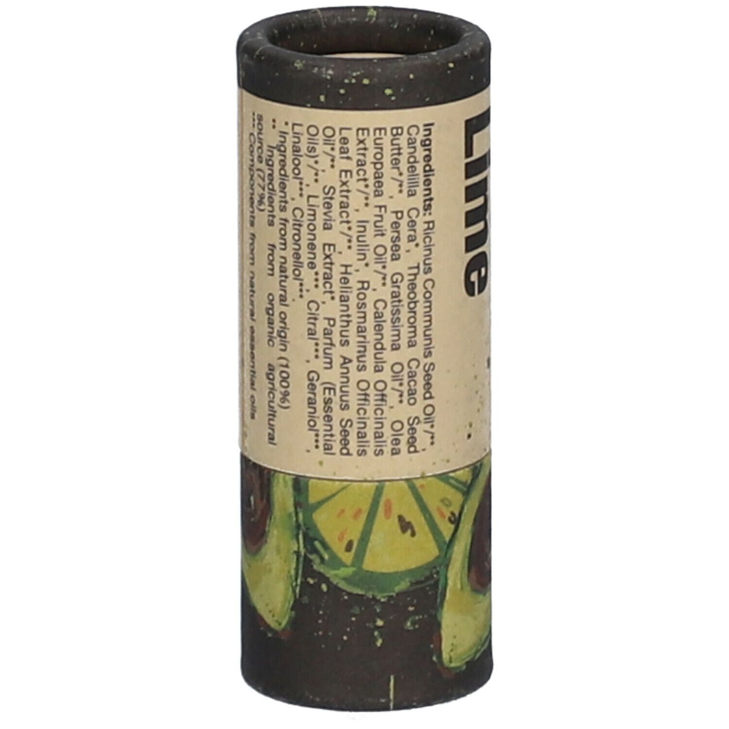 Lippenbalsam-Tube mit Zutatenliste. Aufschrift: Lime. Avocado- und Limetten-Design. Vegan und Bio.